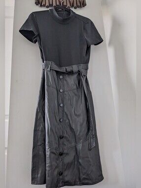 Karl Lagerfeld Women's Black Faux Leather Midi Dress with Belt - Size US 8 -NWOT